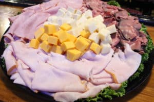 Deli catering tray with Smoked Turkey, Black Forest Ham, & Roast Beef with Cheddar, Swiss, Pepper Jack